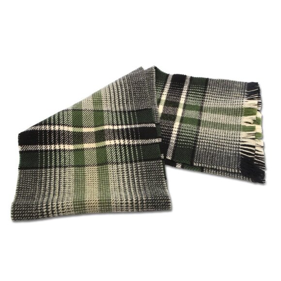 Vintage Plaid Wool Blend Winter Scarf Black Green Yellow Tassel - Picture 3 of 5